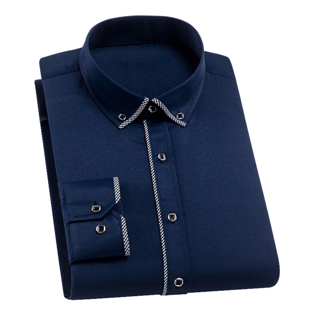 Men Shirt Pure Color Trim Business and Casual Style Long Sleeve Lapel Button Down Shirt Regular Fit 5‑516 Navy Blue 41