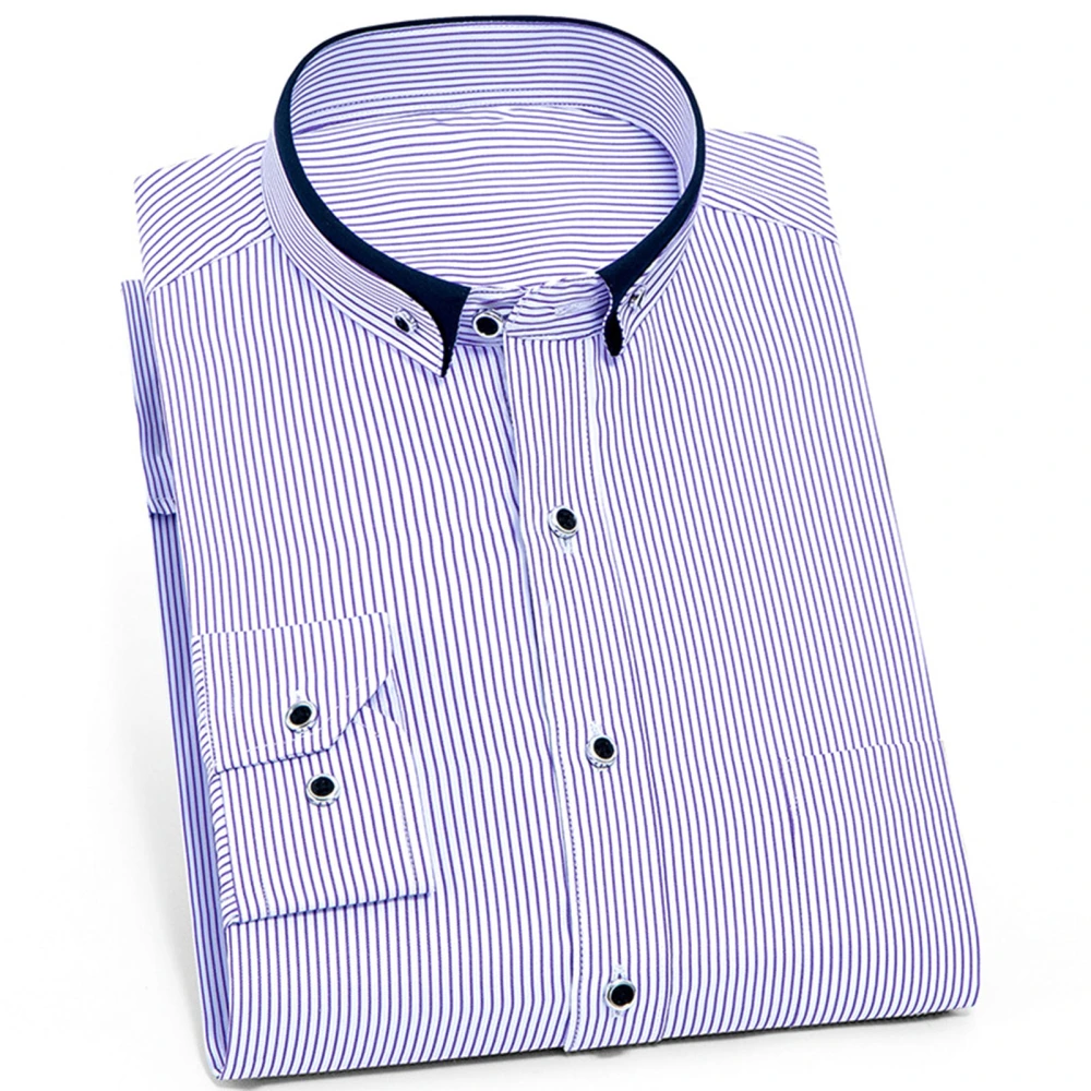 Men Striped Shirt Double Layers Turn Down Collar Long Sleeve Button Down Shirt for Casual Work Light Purple 40