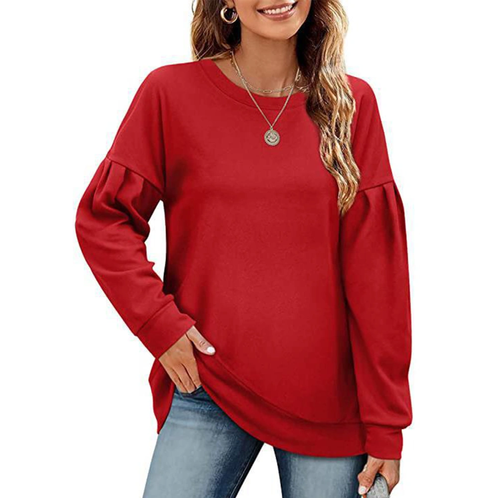 Women Splicing Long Sleeve Sweatshirt Pure Color Round Neck Women Casual Top for Autumn Winter Red XL