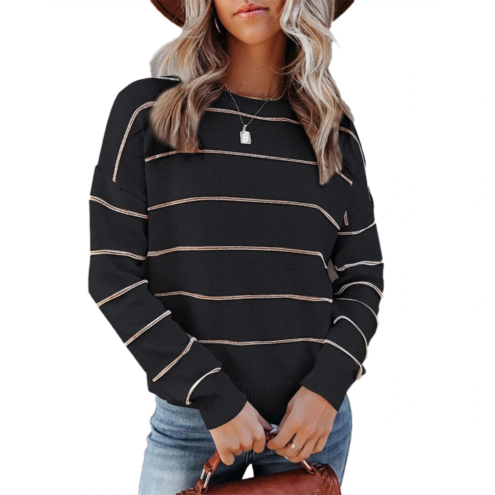 Crew Neck Striped Sweater for Women Dropped Shoulders Long Sleeve Loose Comfortable Women Sweater for Shopping Dating Black S