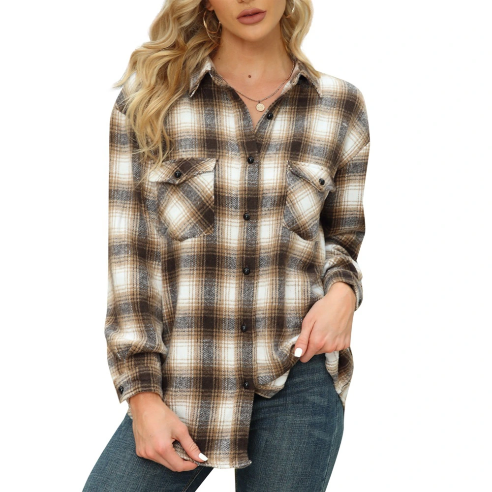 Women Plaid Blouse Lapel Mid Long Polyester Casual Women Long Sleeve Button Down Shirt for Daily Work Autumn Winter Khaki XXL