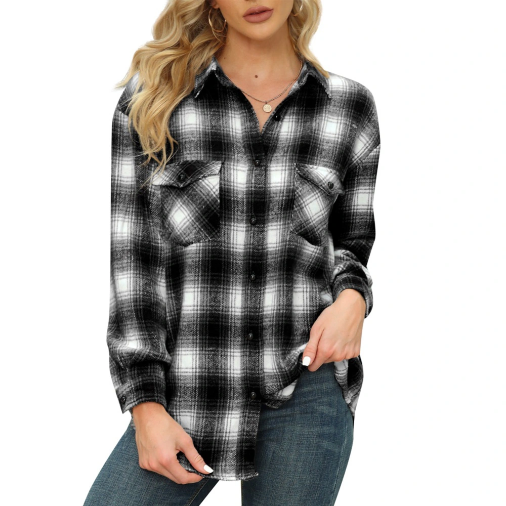 Women Plaid Blouse Lapel Mid Long Polyester Casual Women Long Sleeve Button Down Shirt for Daily Work Autumn Winter Black S