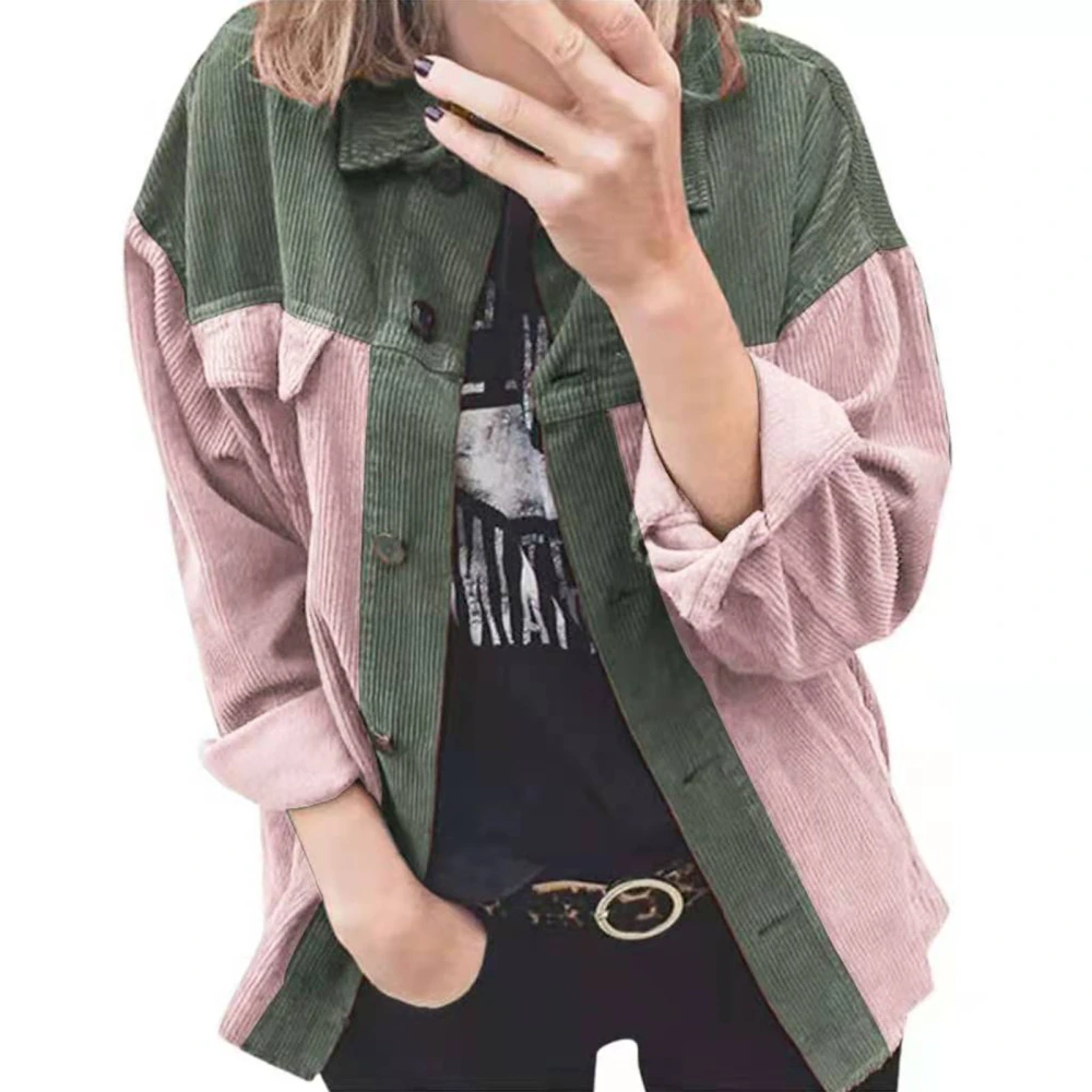 Colorblock Shirt Autumn Winter Casual Color Splicing Corduroy Single Breasted Long Sleeve Coat for Daily Green Pink L