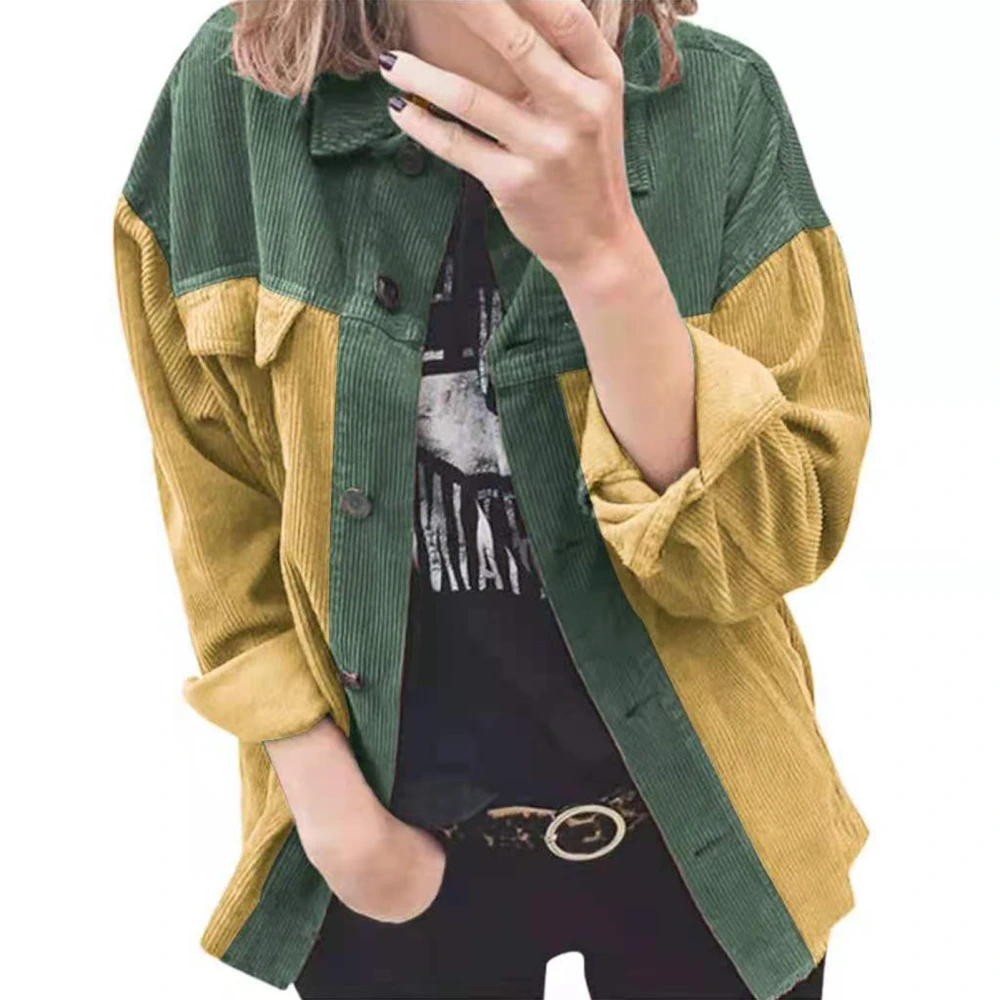 Colorblock Shirt Autumn Winter Casual Color Splicing Corduroy Single Breasted Long Sleeve Coat for Daily Green Yellow XXL