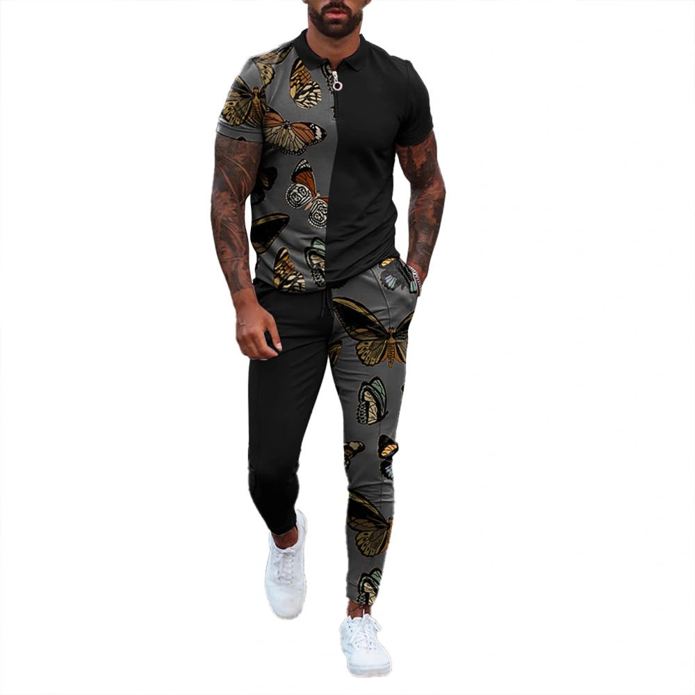 Men Casual Set Flower Color Turn Down Collar Zipper Drawstring Color Block Short Sleeve Shirt Trousers Set Black XXL