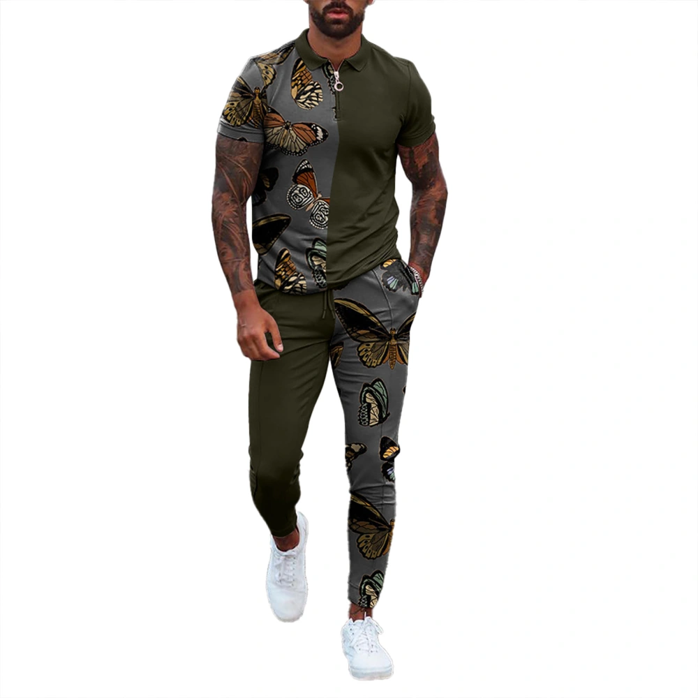 Men Casual Set Flower Color Turn Down Collar Zipper Drawstring Color Block Short Sleeve Shirt Trousers Set OD Green XXL