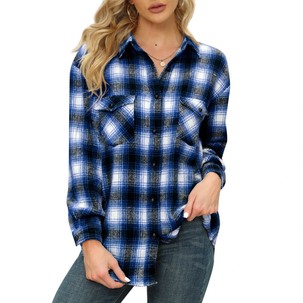 Women Plaid Blouse Lapel Mid Long Polyester Casual Women Long Sleeve Button Down Shirt for Daily Work Autumn Winter Blue XL