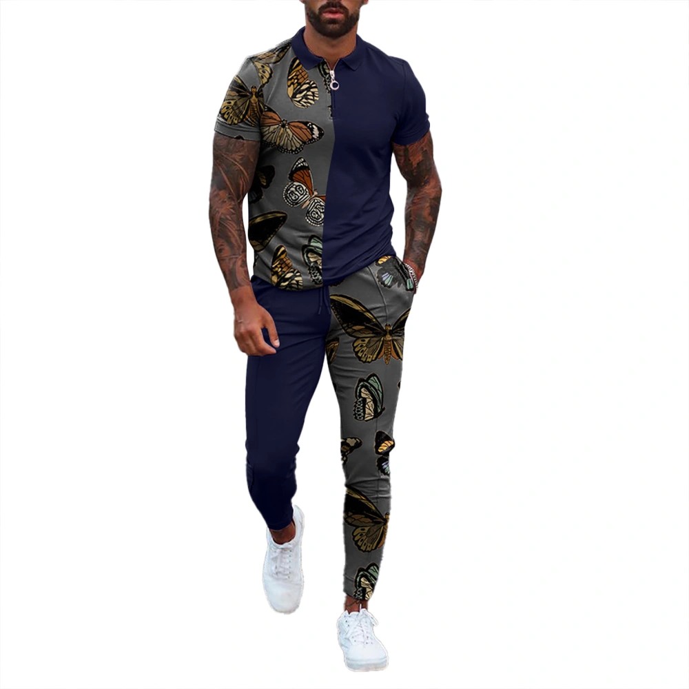 Men Casual Set Flower Color Turn Down Collar Zipper Drawstring Color Block Short Sleeve Shirt Trousers Set Blue XL