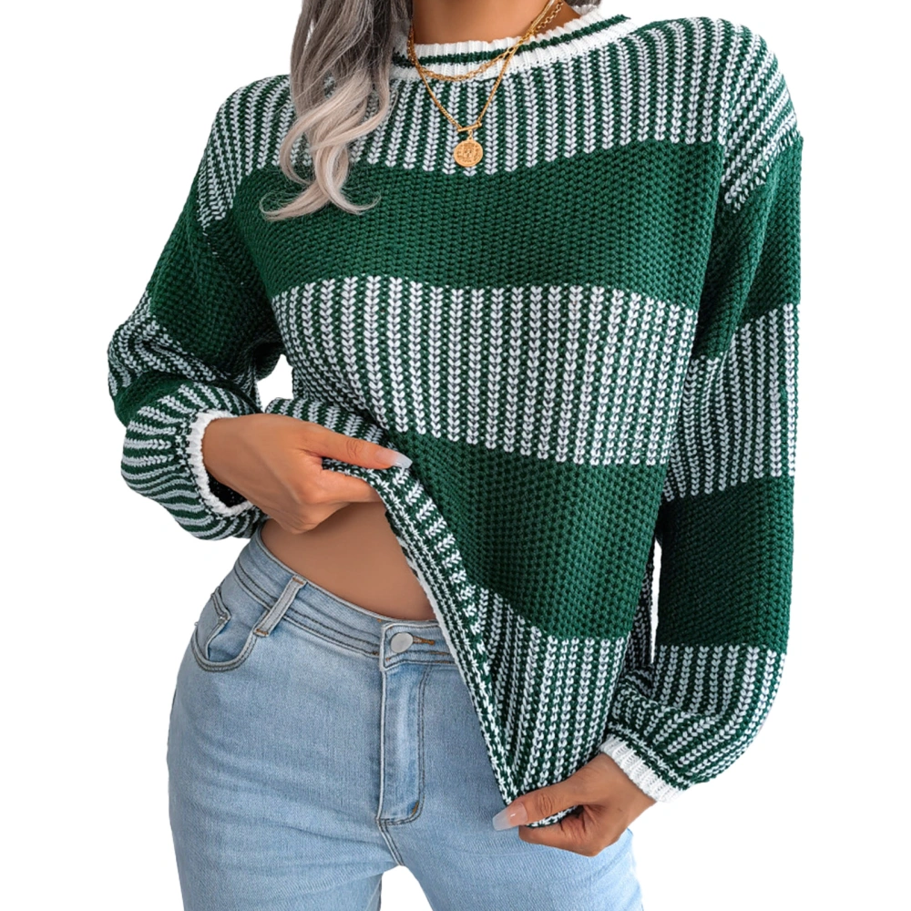 Casual Striped Colorblock Knit Sweater Women Elegant Crewneck Puff Sleeve Loose Hem Pullover Sweater Green L