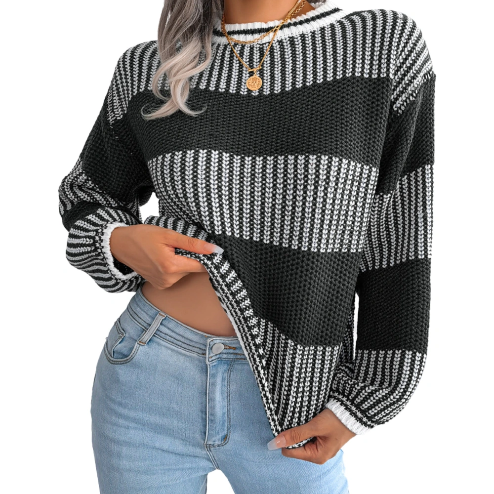 Casual Striped Colorblock Knit Sweater Women Elegant Crewneck Puff Sleeve Loose Hem Pullover Sweater Black L