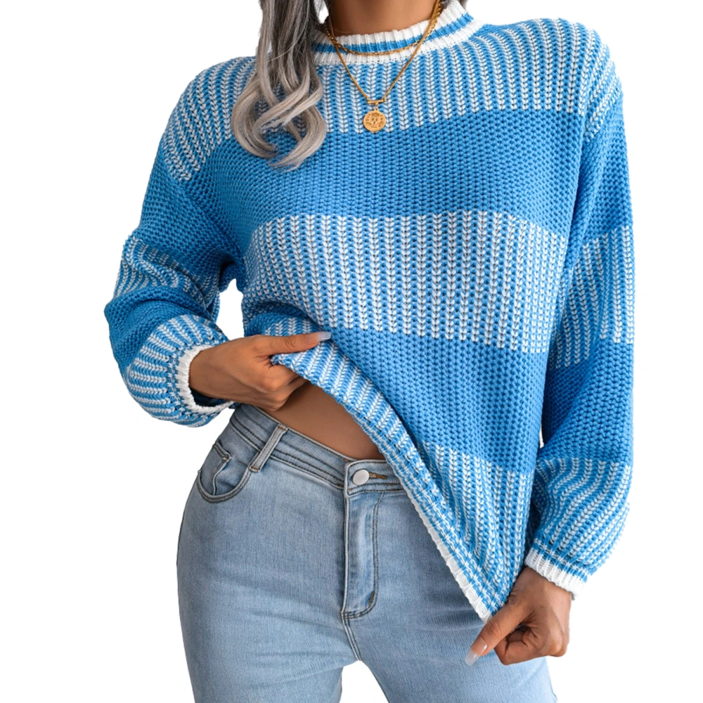 Casual Striped Colorblock Knit Sweater Women Elegant Crewneck Puff Sleeve Loose Hem Pullover Sweater Blue S