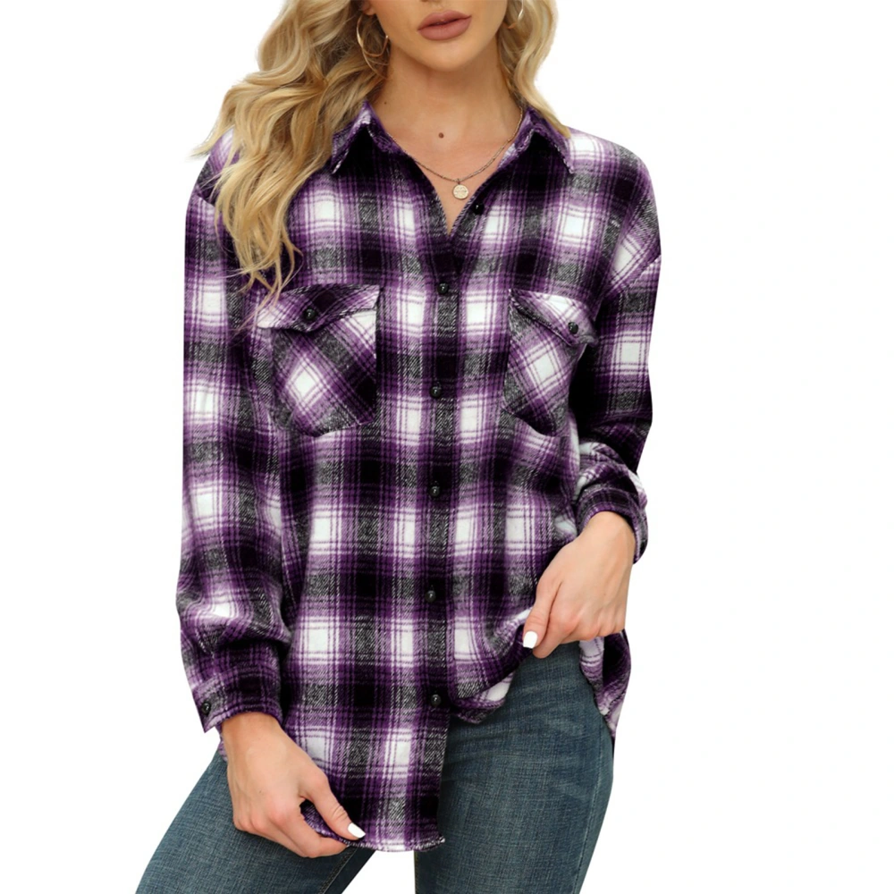 Women Plaid Blouse Lapel Mid Long Polyester Casual Women Long Sleeve Button Down Shirt for Daily Work Autumn Winter Purple M