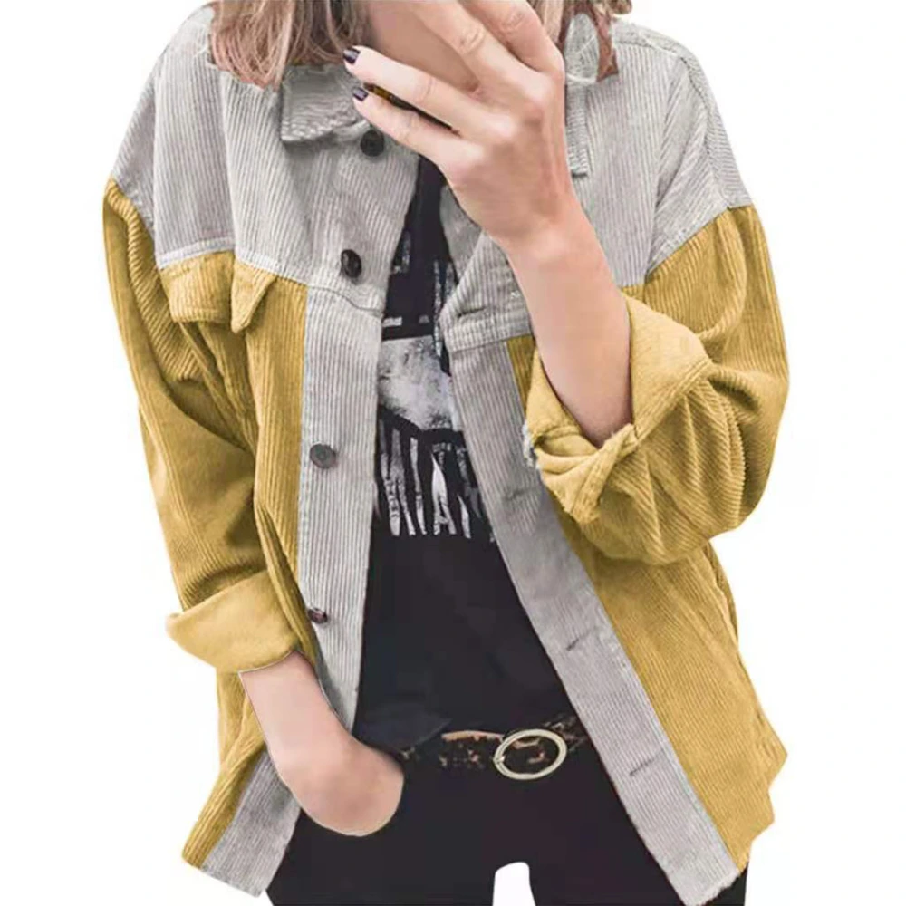 Colorblock Shirt Autumn Winter Casual Color Splicing Corduroy Single Breasted Long Sleeve Coat for Daily Grey Yellow XL