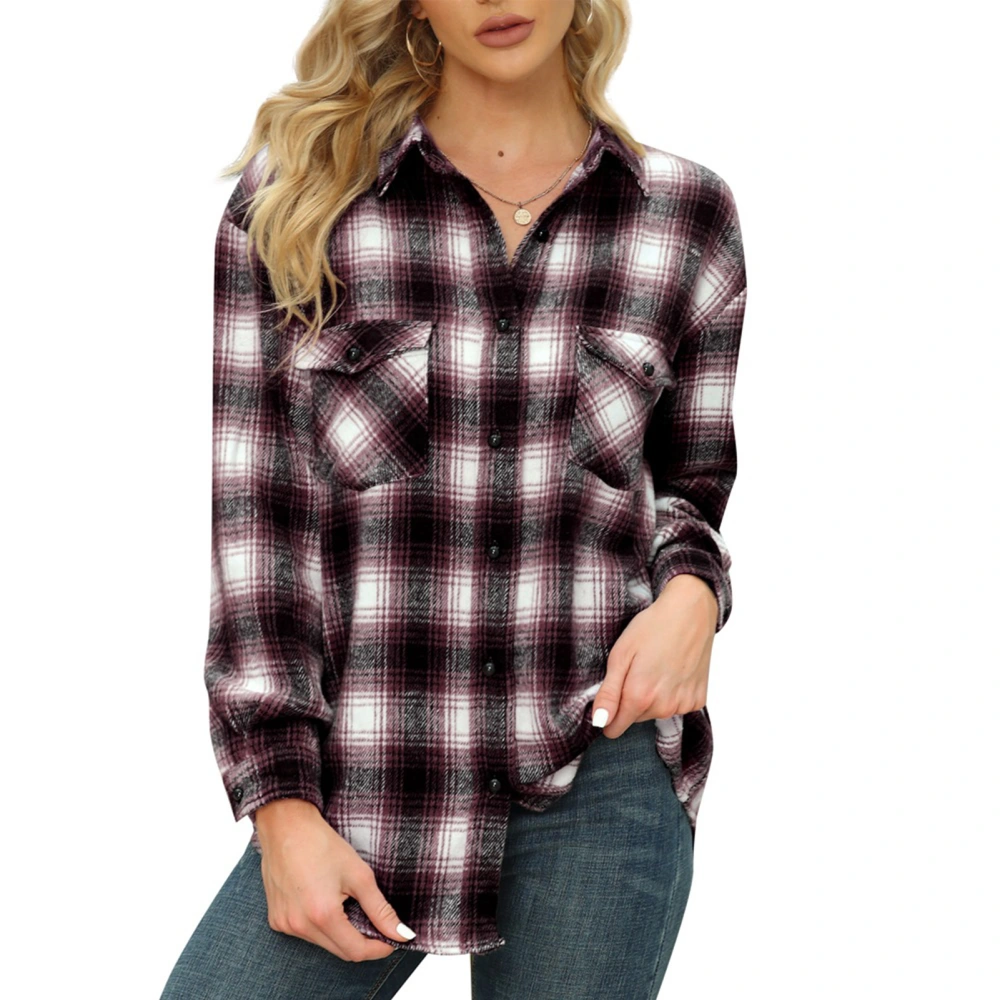 Women Plaid Blouse Lapel Mid Long Polyester Casual Women Long Sleeve Button Down Shirt for Daily Work Autumn Winter Wine Red M