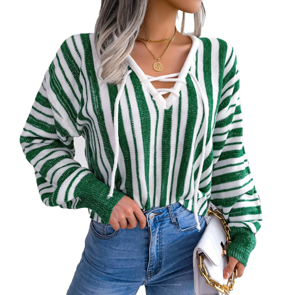 Women V Neck Cross Tie Sweater Casual Elegant Puff Sleeve Colorblock Striped Pullover Knitted Tops Green L