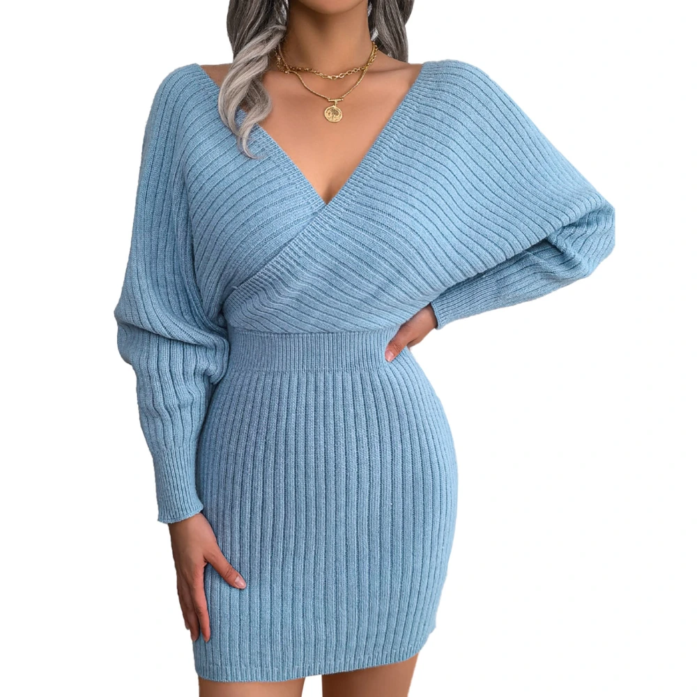 Women Long Sleeve Wrap V Neck Knit Dress Elegant Pure Color Bodycon Sweater Dress for Work Dating Blue M