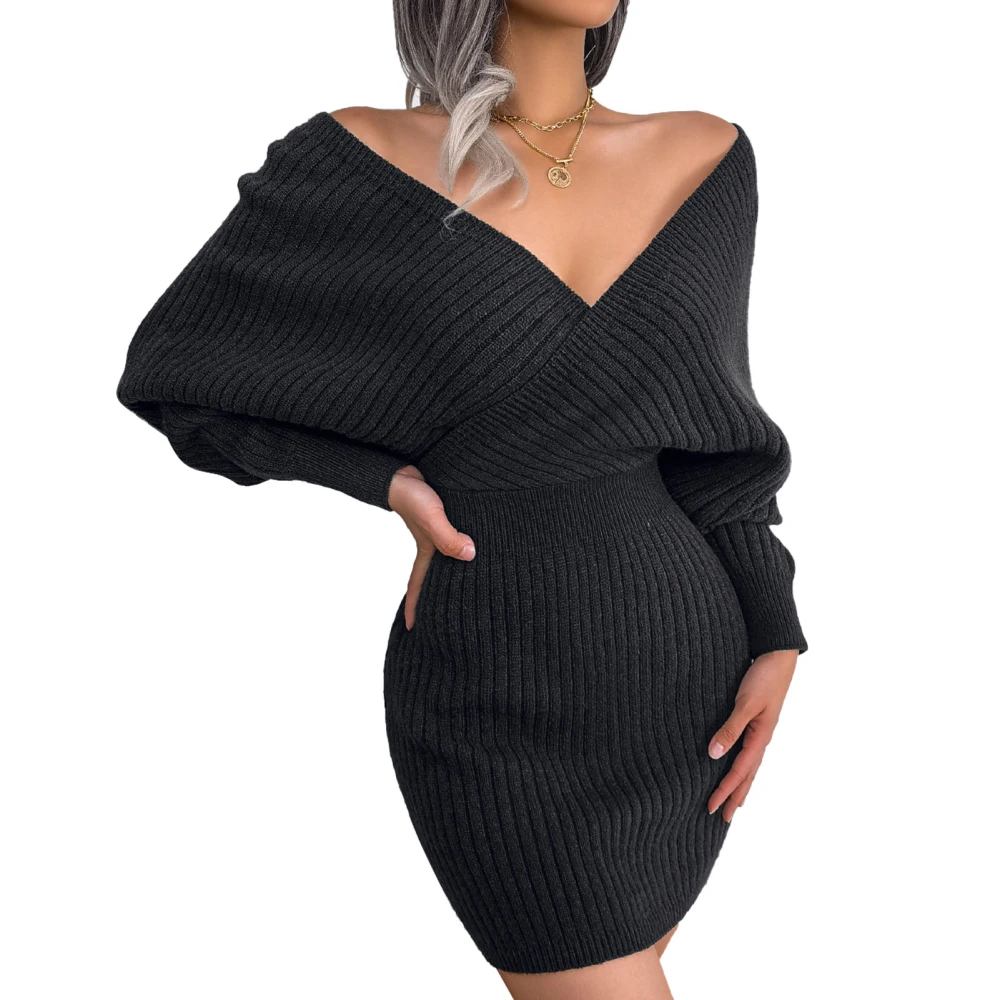 Women Long Sleeve Wrap V Neck Knit Dress Elegant Pure Color Bodycon Sweater Dress for Work Dating Black S