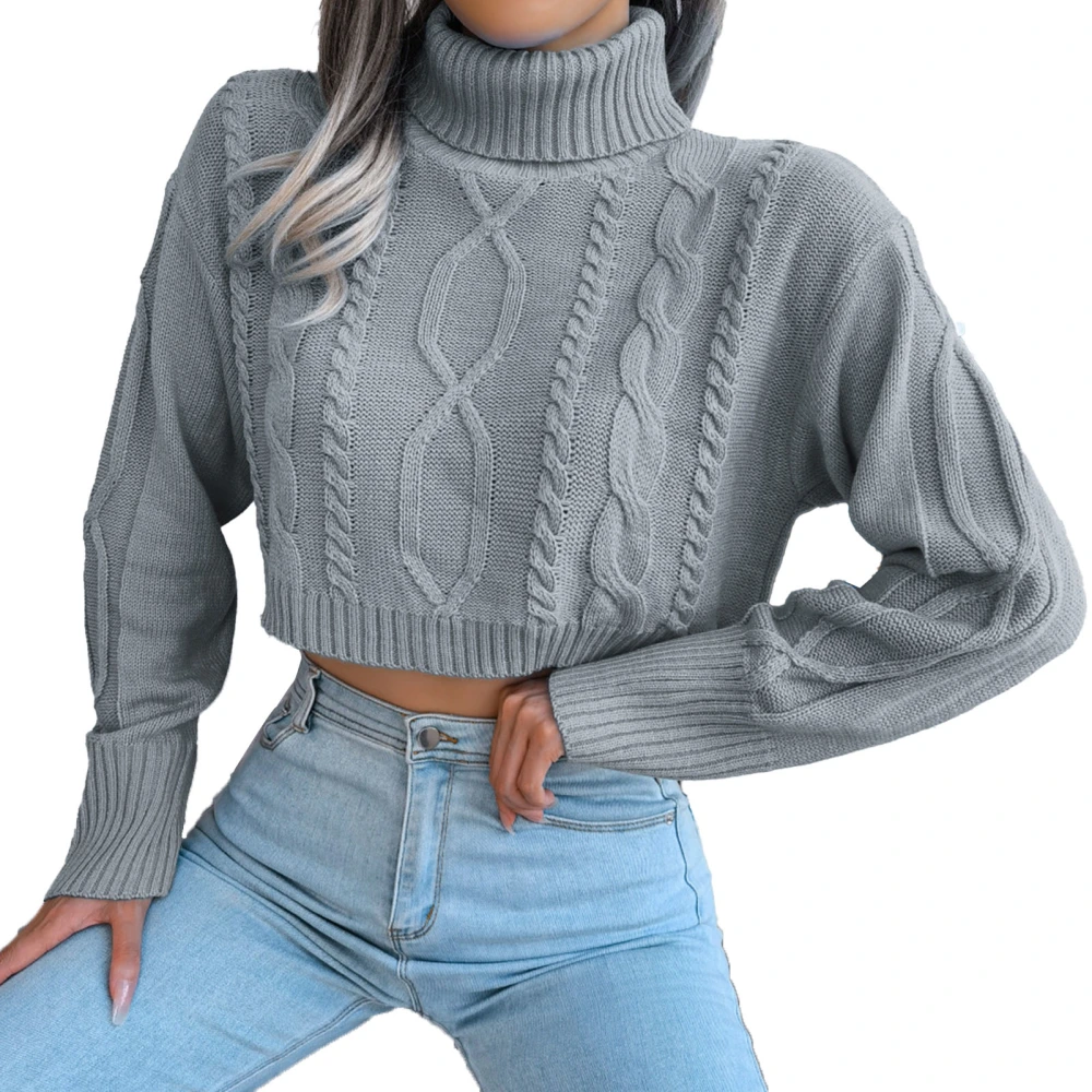 Cropped Sweater Twisted Texture Long Sleeves Turtleneck Polyester Fiber Loose Comfortable Pullover Top for Daily Grey L