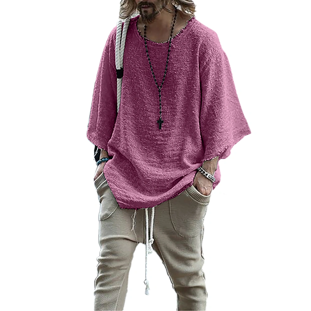 Loose Top Long Sleeve Pure Color Round Neck Casual Comfortable Polyester Fiber Men Pullover Top for Outdoor Indoor Pink M