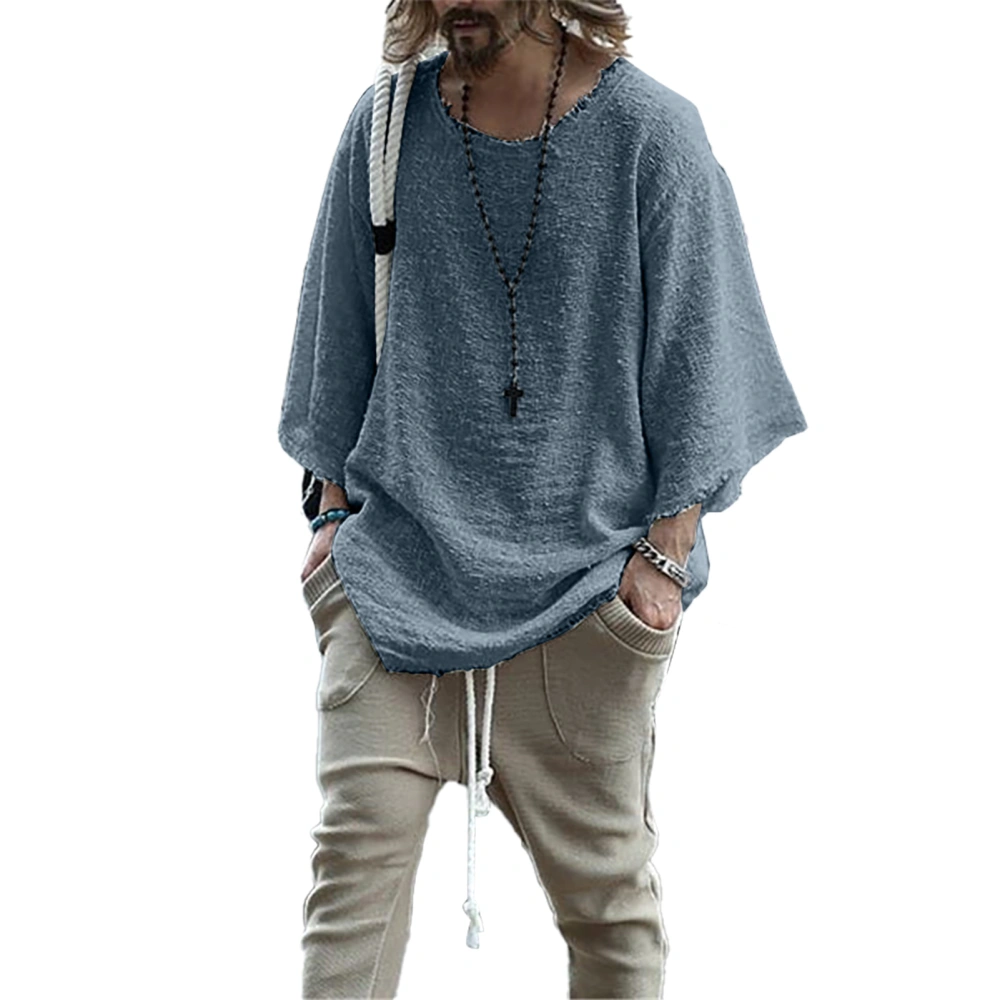 Loose Top Long Sleeve Pure Color Round Neck Casual Comfortable Polyester Fiber Men Pullover Top for Outdoor Indoor Blue S