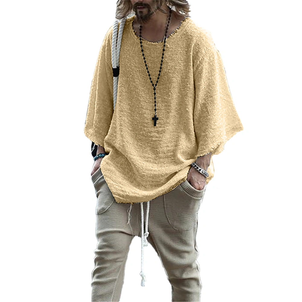 Loose Top Long Sleeve Pure Color Round Neck Casual Comfortable Polyester Fiber Men Pullover Top for Outdoor Indoor Yellow XXL