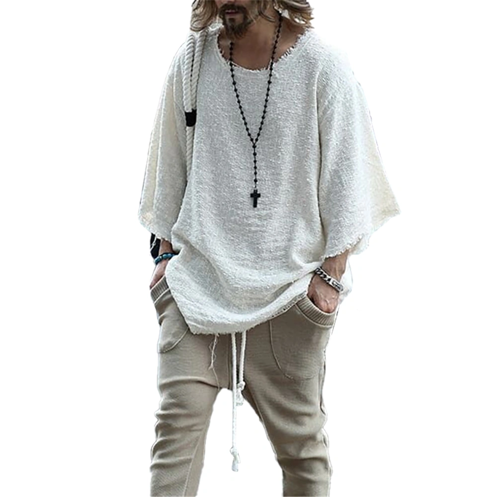 Loose Top Long Sleeve Pure Color Round Neck Casual Comfortable Polyester Fiber Men Pullover Top for Outdoor Indoor Beige XXL