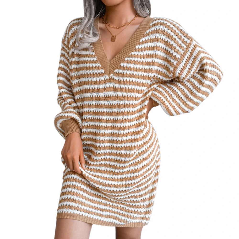 Women Sweater Dress V Neck Striped Hollow Knitted Dress Ladies Autumn Winter Loose Casual Dress Khaki M