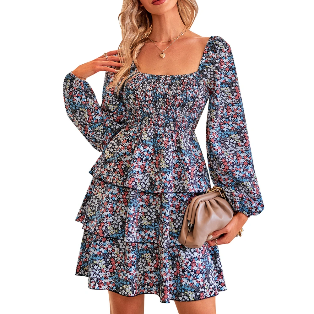 Square Neck Dress Regular Long Sleeve Fashionable High Waist Tiered Design Loose Hem Floral Print Dress Black M