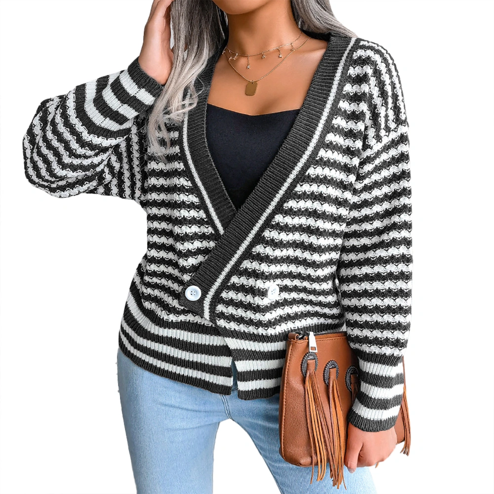 Long Sleeve Knitted Top with Buttons V Neck Women Striped Cardigan for Autumn and Winter Black M