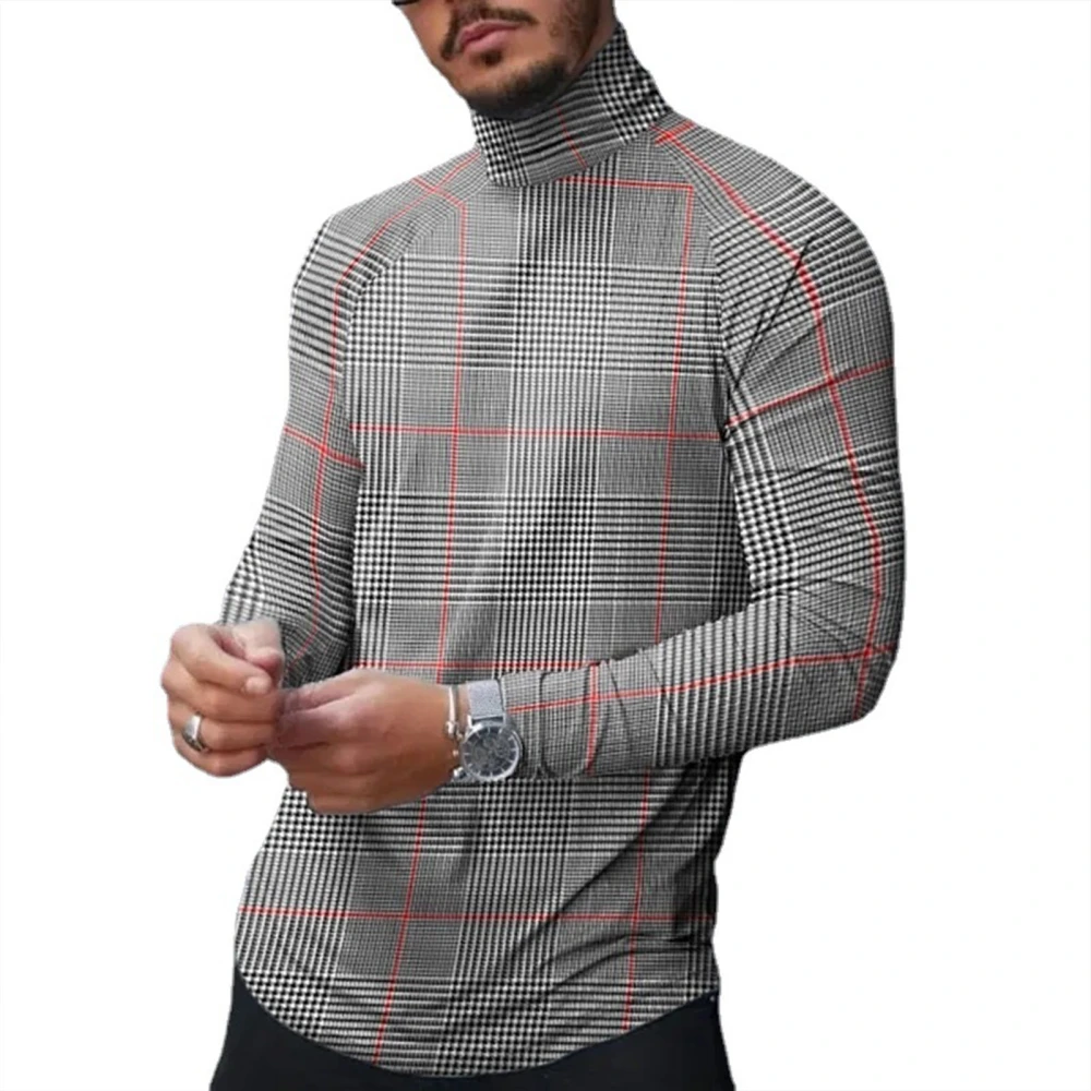 Plaid T Shirt High Collar Slim Long Sleeve Comfortable Fashionable Basic Blouse for Men Grey 3XL