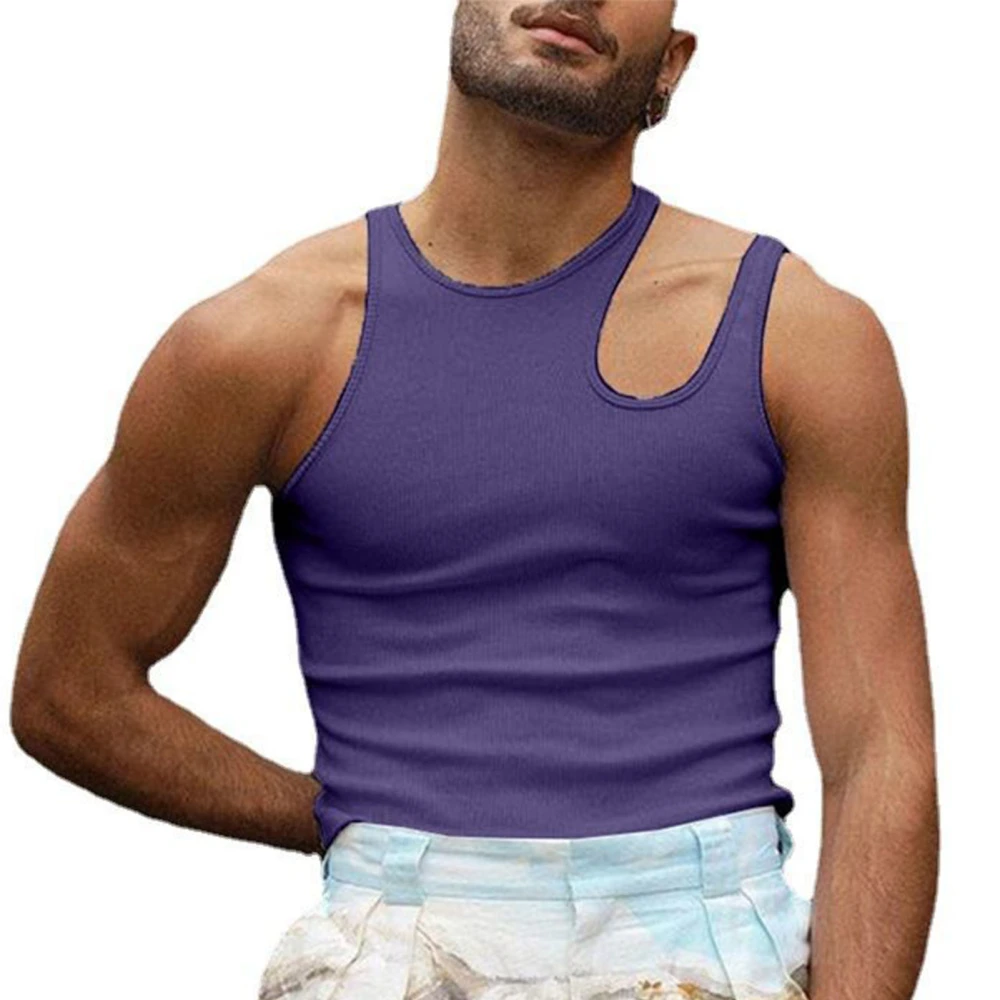 Shoulder Hollow Shirt Sleeveless Pure Color Irregular Vest Top Skin Friendly Tee Shirt for Men Purple XL