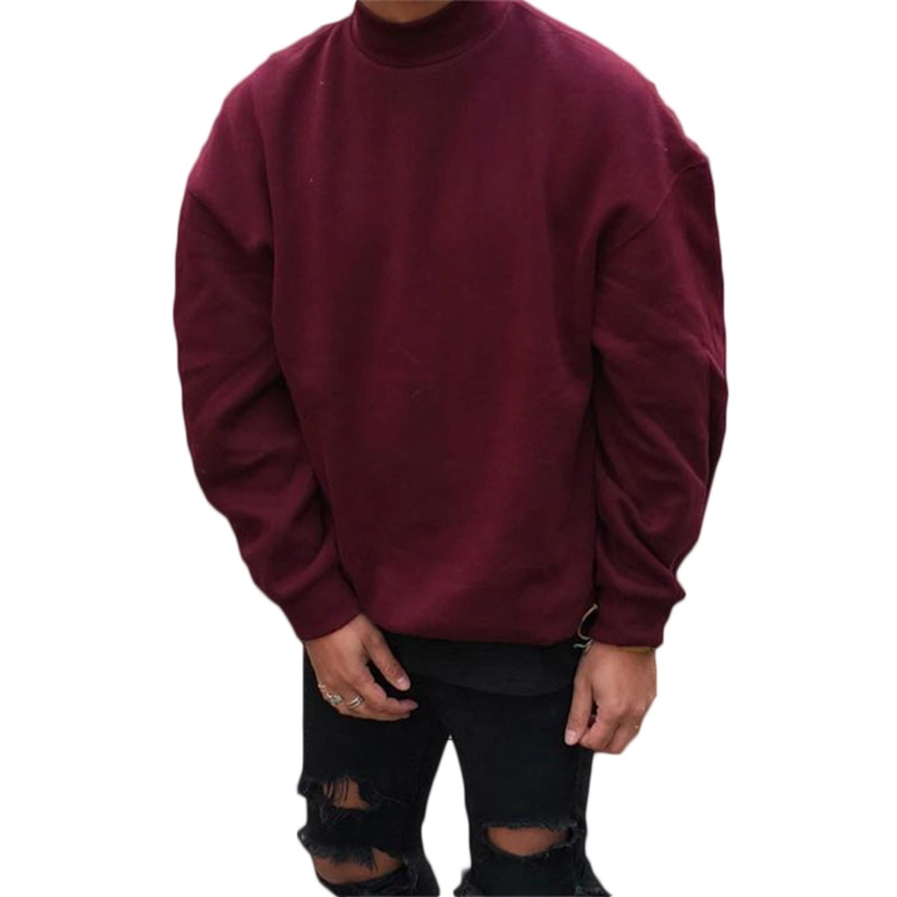 Men Sweatshirt Solid Color Dropped Shoulder Sleeves Casual Loose Mock Neck Pullover Top for Everyday Wear Red XL