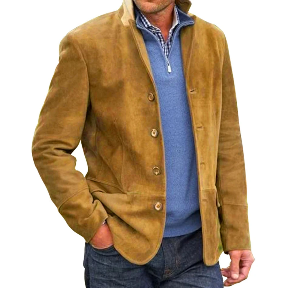 Men Lapel Jacket Casual Single Breasted Solid Color Comfortable Long Sleeve Coat for Cold Weather Brown L