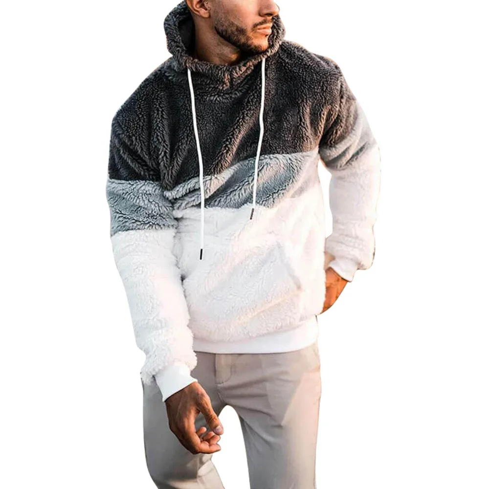 Men Fuzzy Pullover Casual Loose Drawstring Stylish Long Sleeve Fleece Hoodie for Cold Weather Grey S