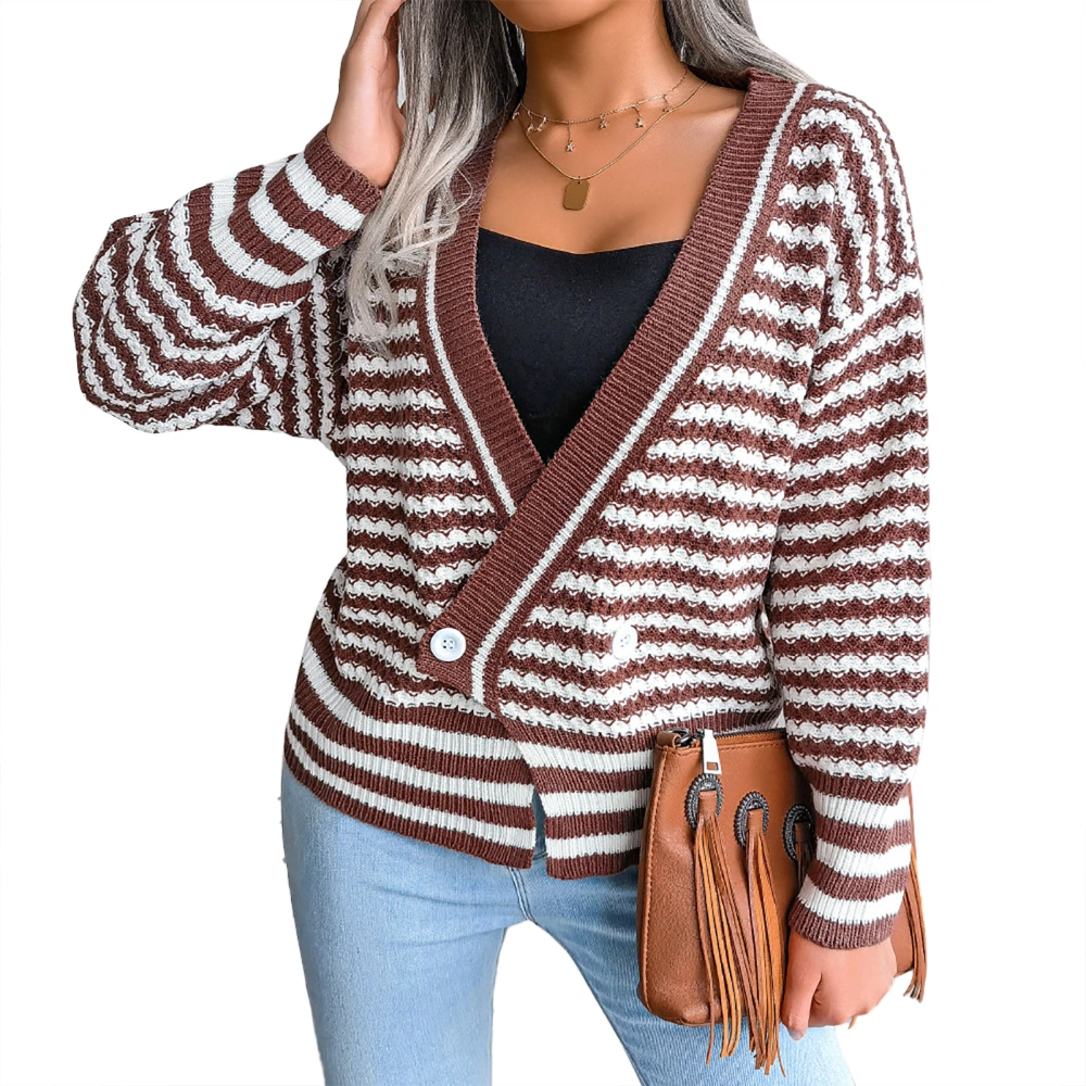 Long Sleeve Knitted Top with Buttons V Neck Women Striped Cardigan for Autumn and Winter Brown L