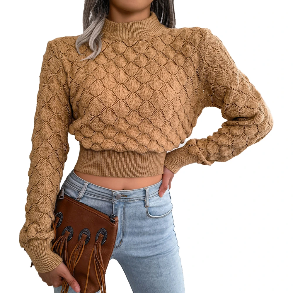 Three Dimensional Rhombus Pattern Hollow Sweater Women Elegant Pure Color Long Sleeve Knitted Tops Khaki L