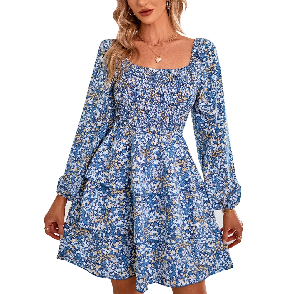 Square Neck Dress Regular Long Sleeve Fashionable High Waist Tiered Design Loose Hem Floral Print Dress Blue XL