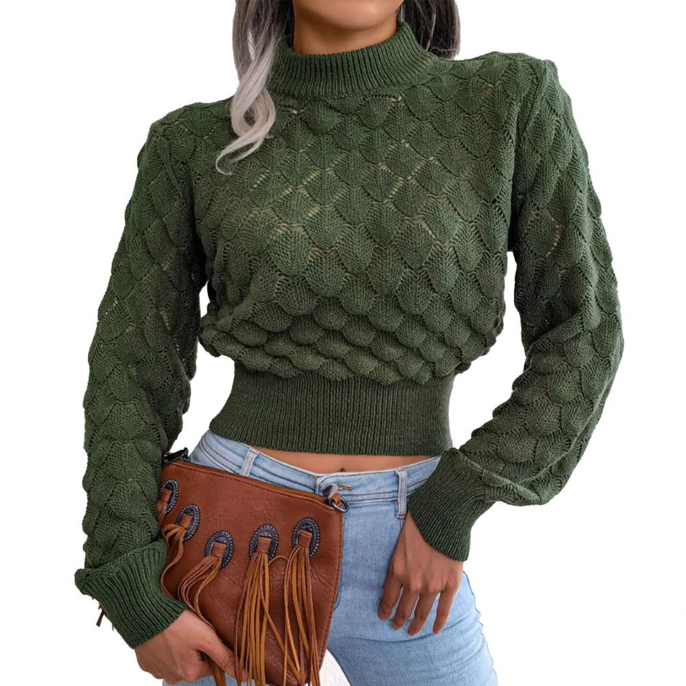 Three Dimensional Rhombus Pattern Hollow Sweater Women Elegant Pure Color Long Sleeve Knitted Tops OD Green M