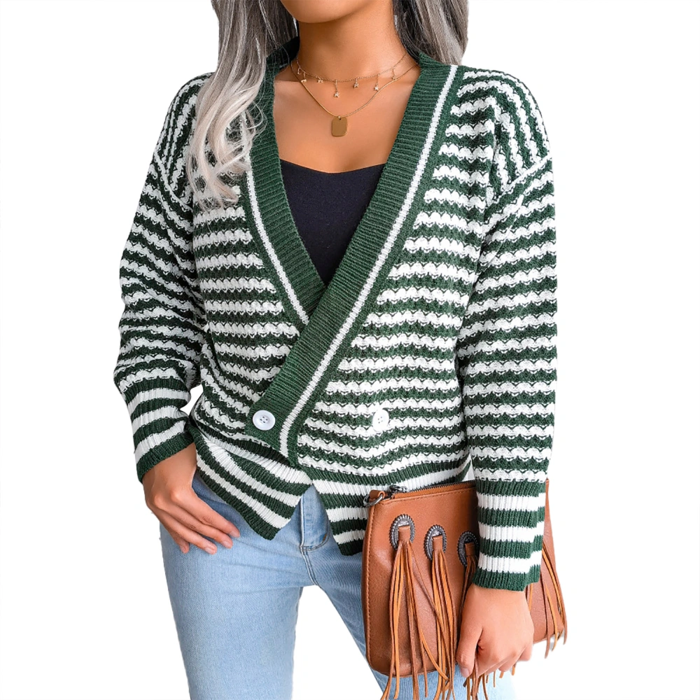 Long Sleeve Knitted Top with Buttons V Neck Women Striped Cardigan for Autumn and Winter Green L