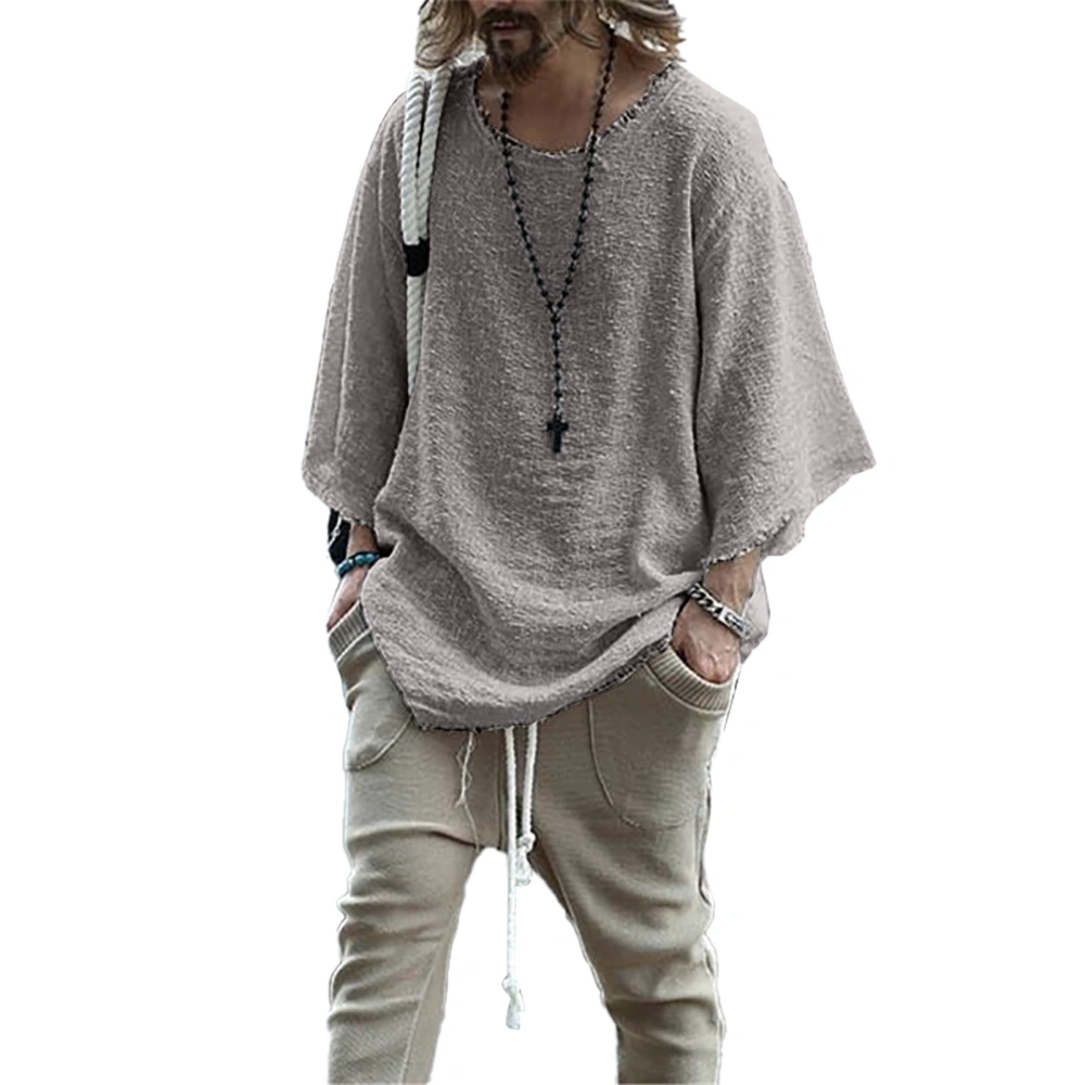 Loose Top Long Sleeve Pure Color Round Neck Casual Comfortable Polyester Fiber Men Pullover Top for Outdoor Indoor Light Gray XXL