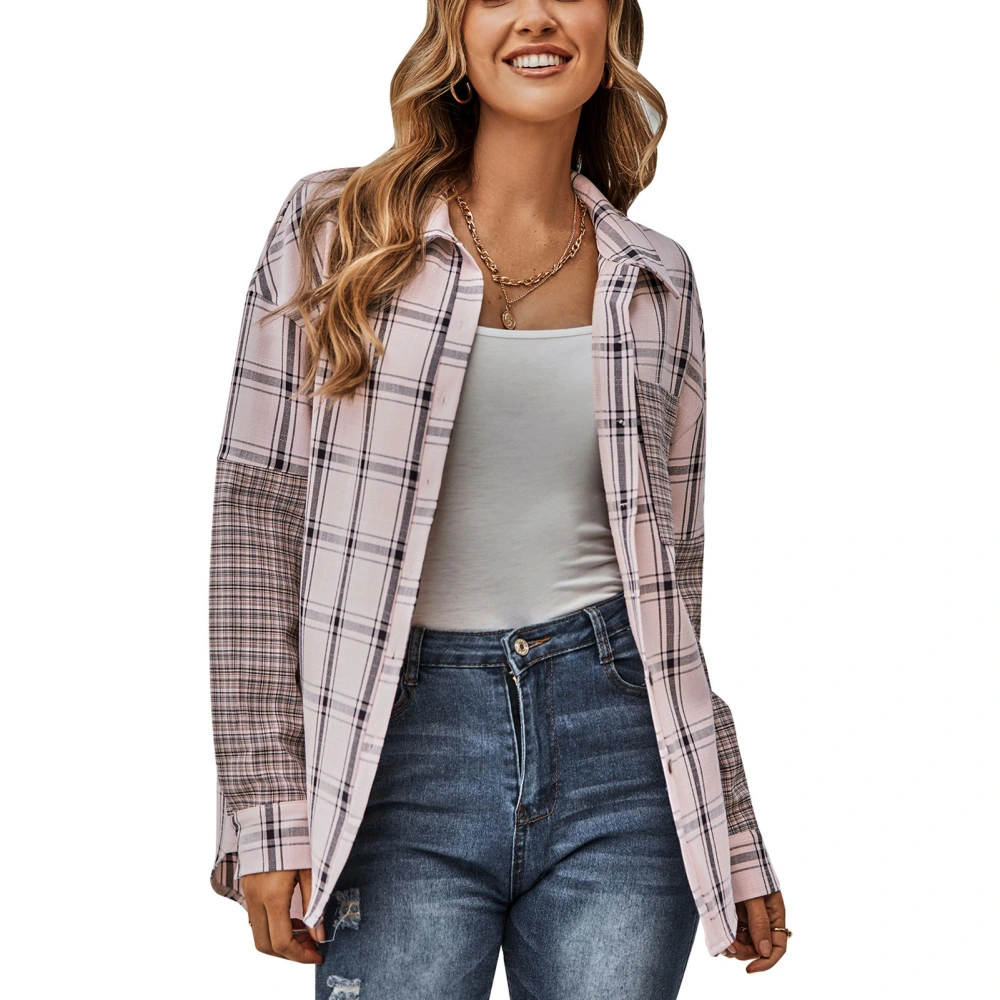 Women Thin Coat Plaid Stitching Shirt Patchwork Single Breasted Turn Down Collar Jacket for Autumn and Winter Outfit Pink L