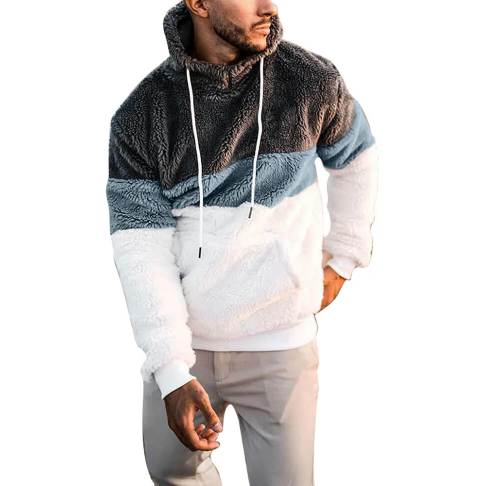 Men Fuzzy Pullover Casual Loose Drawstring Stylish Long Sleeve Fleece Hoodie for Cold Weather Blue M