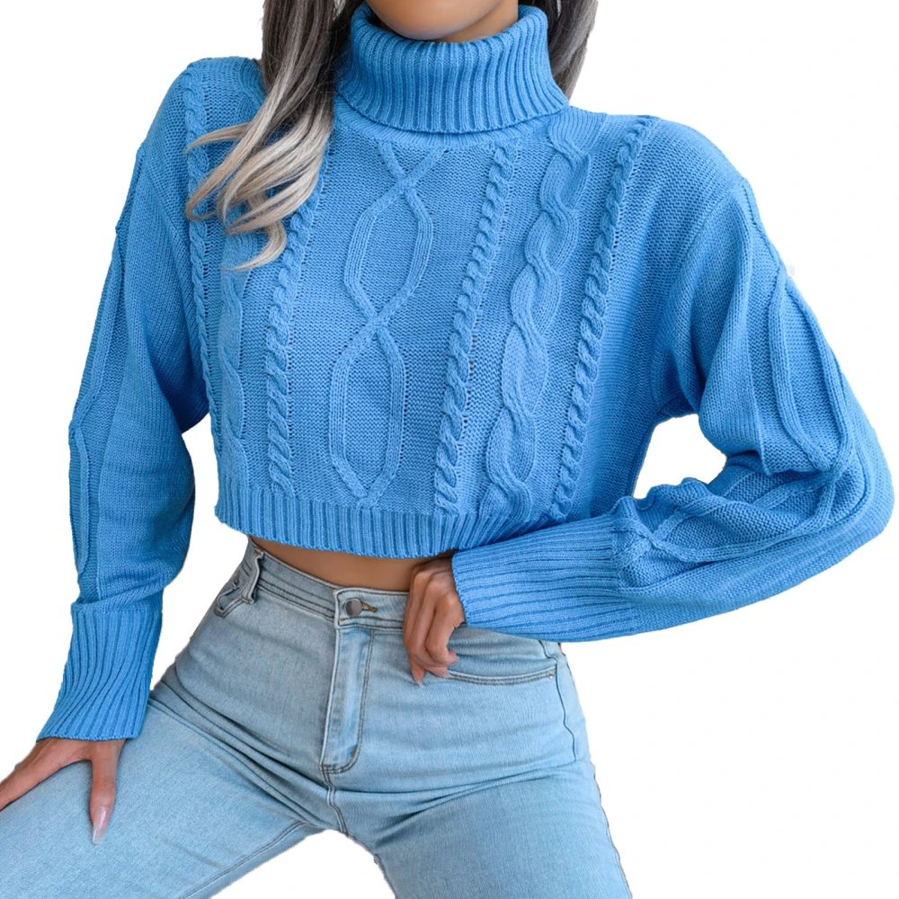 Cropped Sweater Twisted Texture Long Sleeves Turtleneck Polyester Fiber Loose Comfortable Pullover Top for Daily Blue L