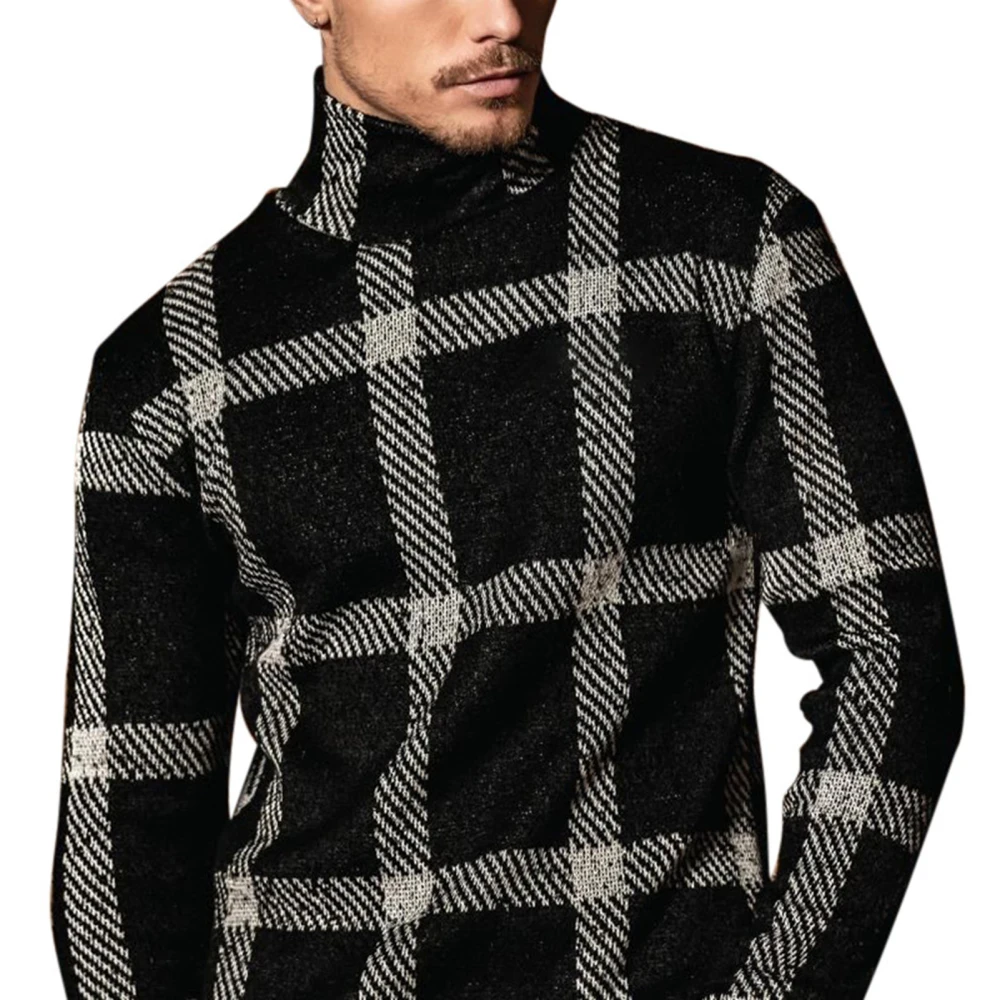 Plaid Blouse High Collar Long Sleeve Slim Fashionable Comfortable Casual Tops for Men Black XL