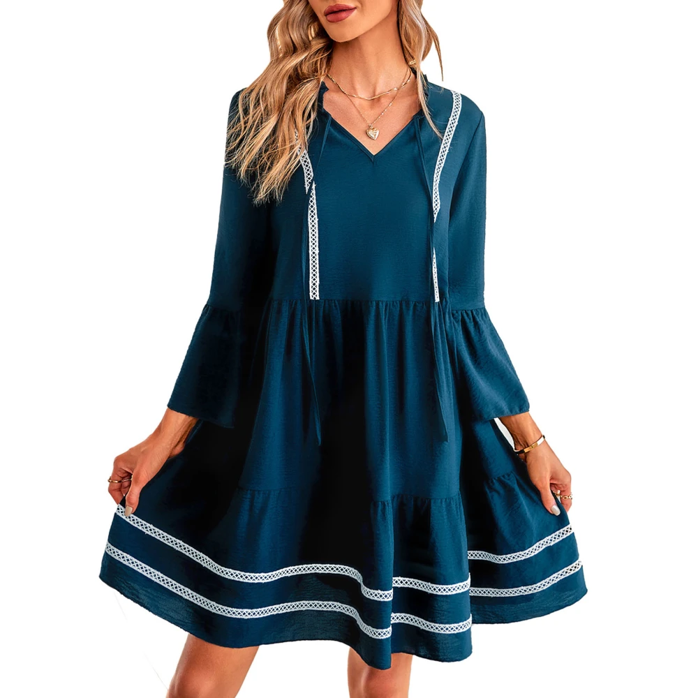 V Neck Ruffle Dress for Women Edge Tie Design Three Quarter Sleeve A Line Hem Breathable Womens Casual Dresses for Daily Life Royalblue XL