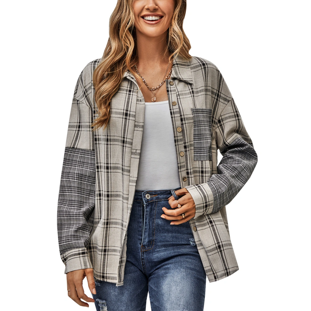 Women Thin Coat Plaid Stitching Shirt Patchwork Single Breasted Turn Down Collar Jacket for Autumn and Winter Outfit Grey XL