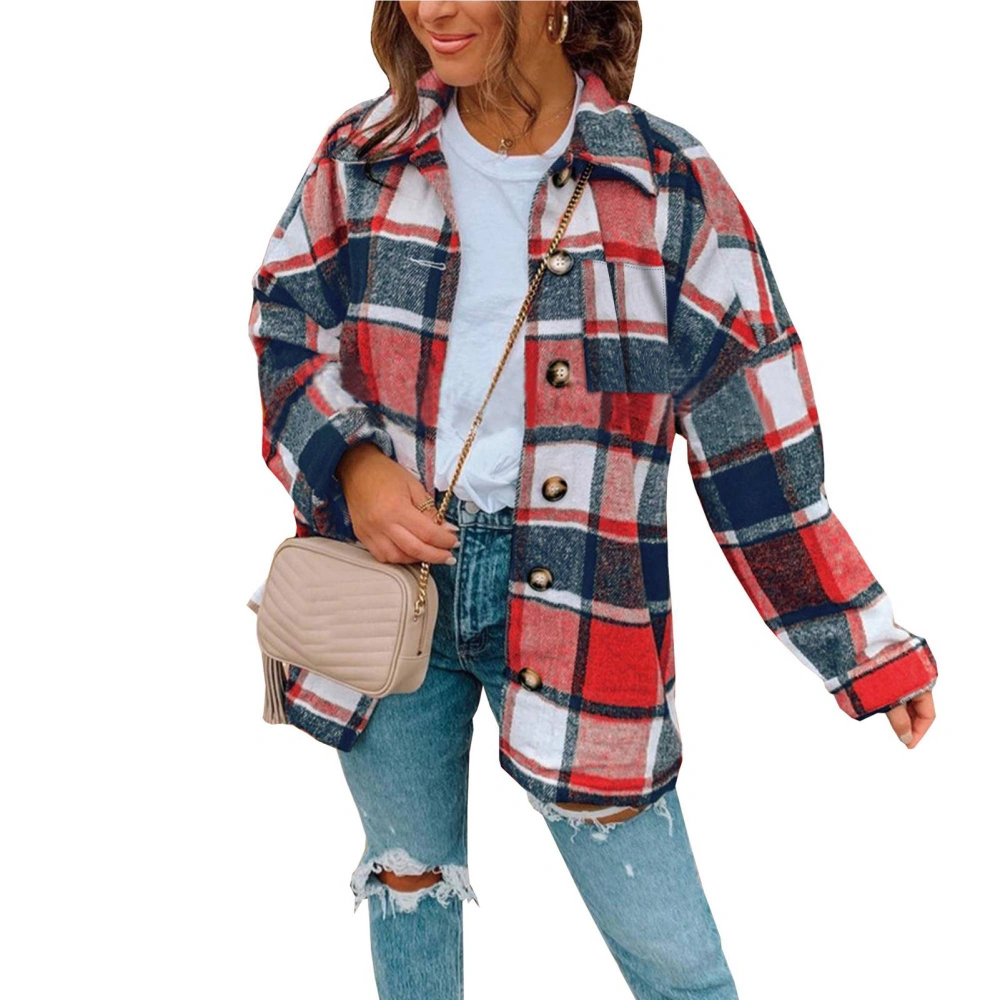 Women Long Sleeve Plaid Jacket Loose Casual Fashionable Turn Down Collar Button Coat for Shopping Red XL