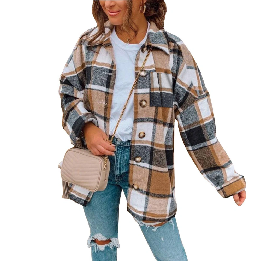 Women Long Sleeve Plaid Jacket Loose Casual Fashionable Turn Down Collar Button Coat for Shopping Brown M