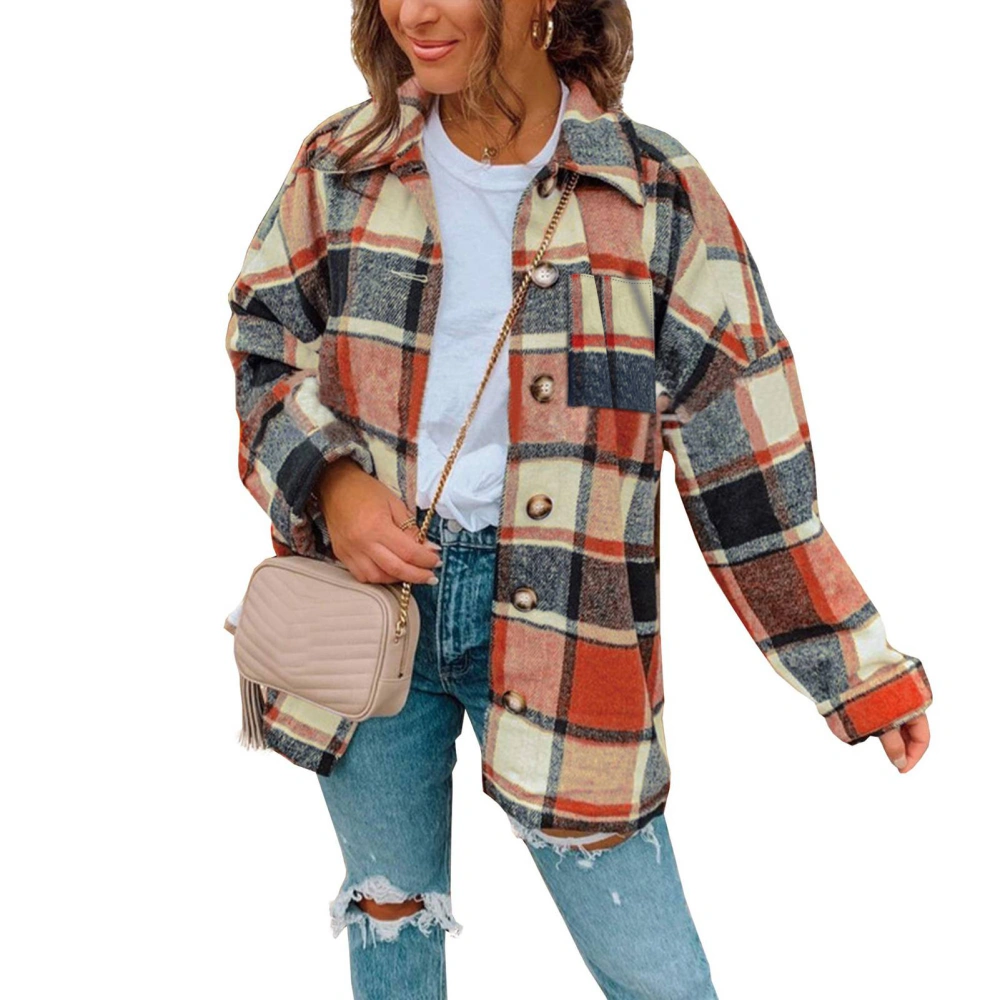 Women Long Sleeve Plaid Jacket Loose Casual Fashionable Turn Down Collar Button Coat for Shopping Orange L