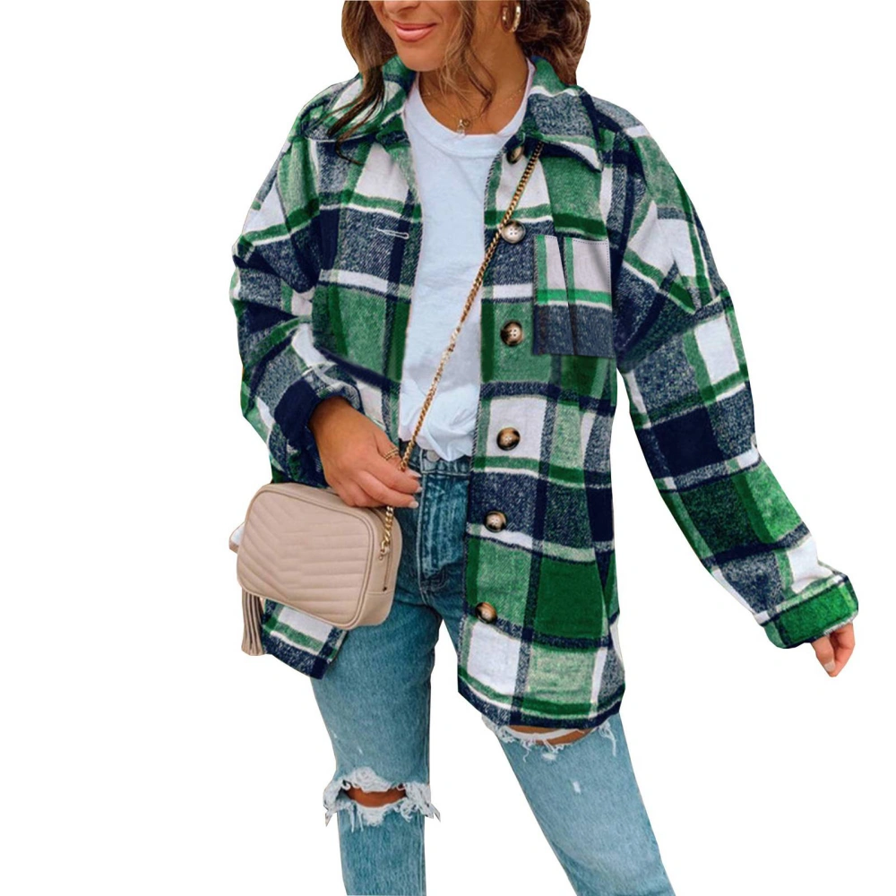 Women Long Sleeve Plaid Jacket Loose Casual Fashionable Turn Down Collar Button Coat for Shopping Green M